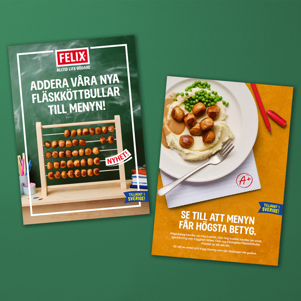 Mockup av broschyren om FELIX Köttbullar Fläsk, KRAV Eko.