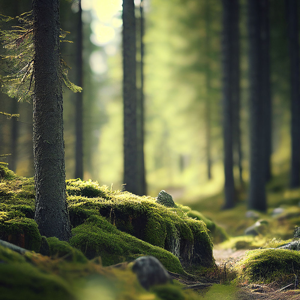 Grön skog med mycket mossa på marken och solsken bland träden längst bort.