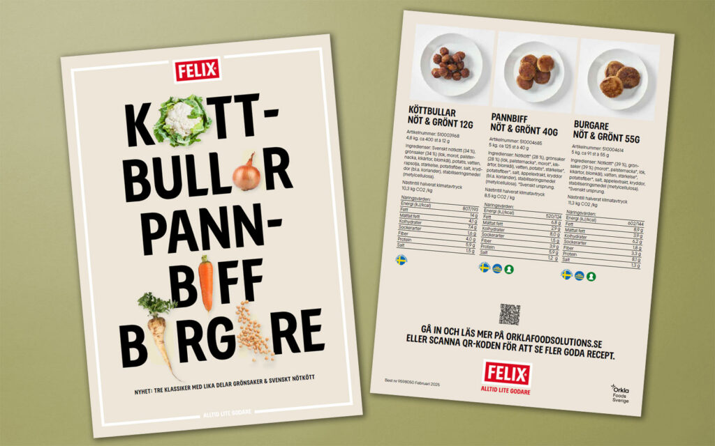 Framsida och baksida av broschyr med FELIX Nöt & Grönt x3.