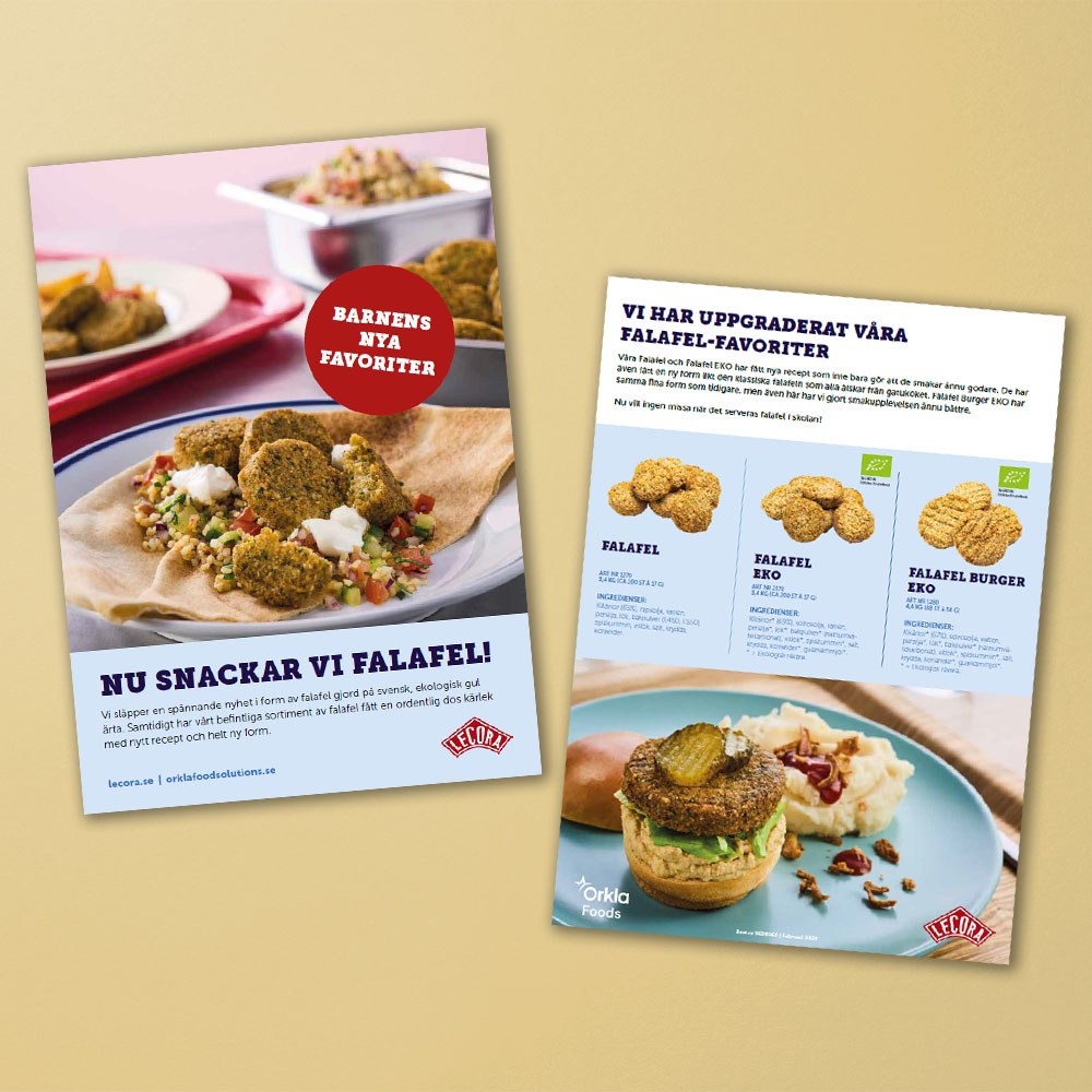 Mockup av broschyr om Lecora Falafel Gul Ärta Eko och falafel-sortimentet.