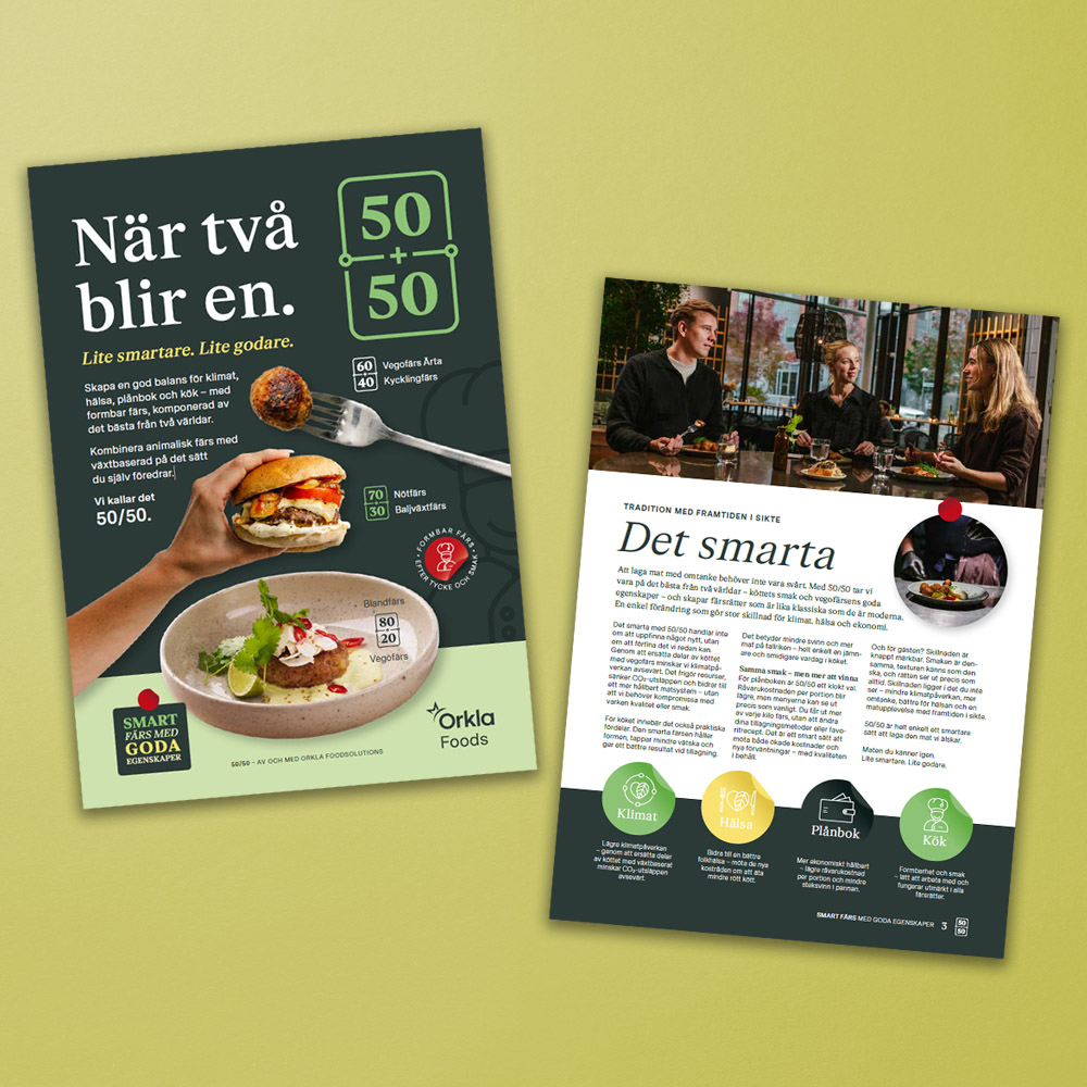 Två sidor ur Orkla FoodSolutions broschyr 50/50 - när två blir en.